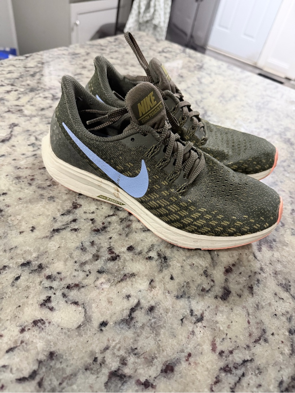 Nike Olive Green Running Shoes with Light Blue Swoosh and White Midsole